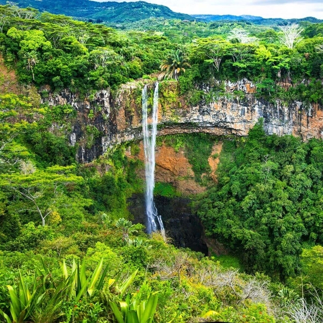 Ett vattenfall i en himmelsk miljö på Mauritius